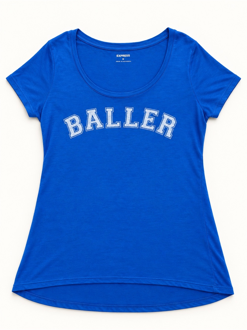Express Royal Blue Short-Sleeve Scoop Neck Tee with 'BALLER' Graphic